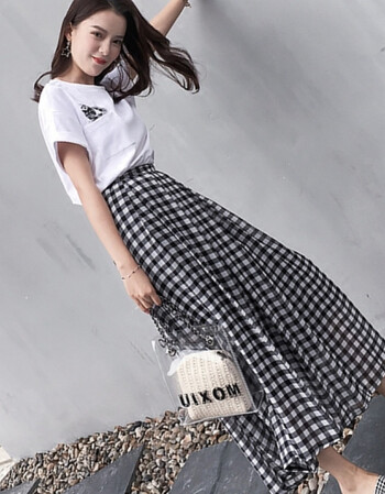下半身长裙女夏温柔风复古小清新雪纺裙子黑白格子半身长裙j 格子裙 m