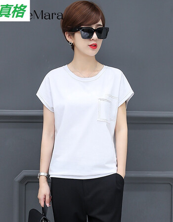 短袖t恤女2018夏季新款宽松大码短款圆领上衣纯色纯棉蝙蝠体恤衫 白色