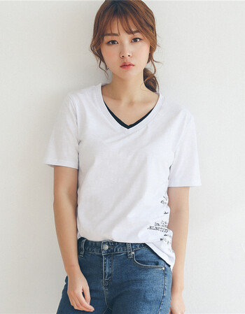 夏装韩版宽松纯色v领假两件拼接短袖t恤女时尚简约休闲上衣打底衫 白