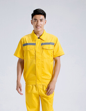夏季短袖工作服套装男 橘色反光条户外建筑施工工地工程服劳保服 浅黄