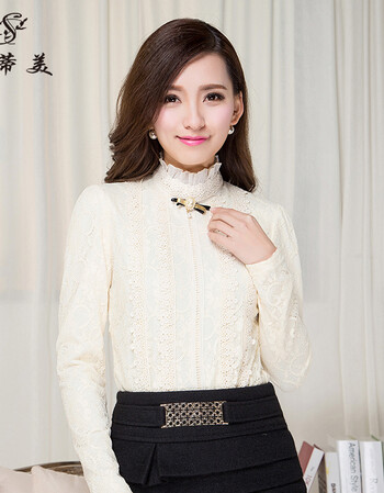 尚蒂美2016春装韩版新款淑女百搭立领蕾丝长袖打白衬衫甜美气质女装修身长袖休闲衬衣打底衫 米色加绒 L