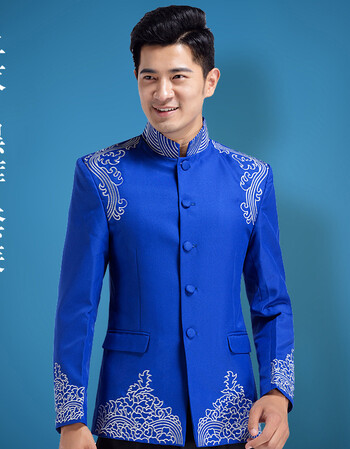 宝蓝色男士中华韩版修身中式刺绣立领中山装男青年套装主持人礼服