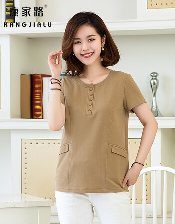康家路妈妈t恤女短袖夏季宽松35中老年女装45岁50大码中年上衣 卡其色