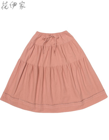 lifegirl 18年春夏新品 森系少女棉麻花边中长半裙大裙摆 樱粉色 l