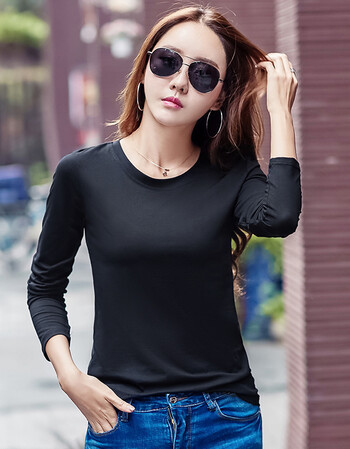 2017纯色秋季长袖t恤女装简约打底衫修身体恤韩版百搭上衣服 黑色 m