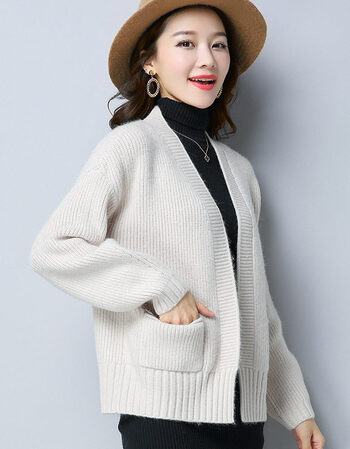 秋装外套女2018新款长袖粗线百搭小毛衣外搭韩版宽松针织开衫短款 米