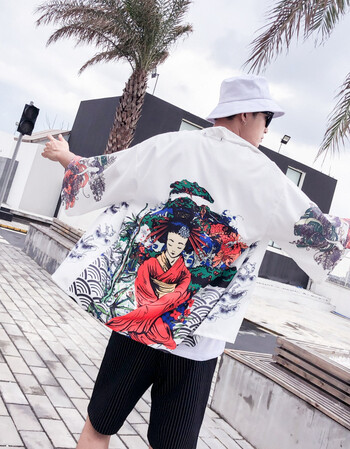 男装 衬衫 古莱登(godlike) 日系浮世绘道袍外套男七分袖火烈鸟开衫