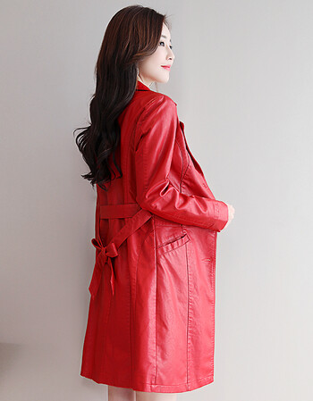 中长款皮衣女外套2018秋季新款韩版修身休闲百搭系带港风皮风衣 红色