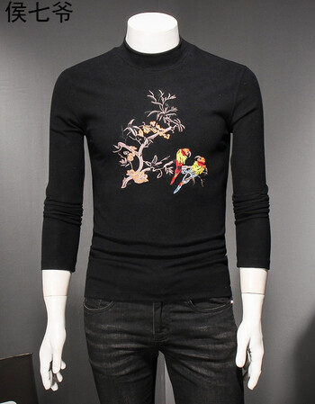 2018秋冬中国风刺绣男半高领长袖t恤加厚打底衫纯色休闲打底衫 黑色