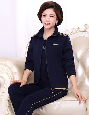 春季新品女款中老年三件套运动服宽松中年人运动套装运动衣女春秋