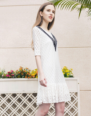 跨境e女装 夏季新款欧美蕾丝连衣裙货批发 白色 s