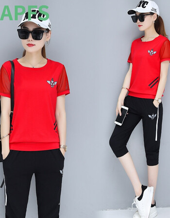 套装女女装休闲运动服2018夏韩版时尚圆领短袖七分裤休闲套装 大红色