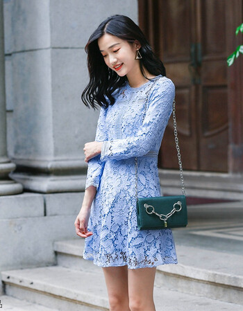 蓝色蕾丝连衣裙女夏2018新款气质名媛聚会小香风a字裙正式场合裙 长袖