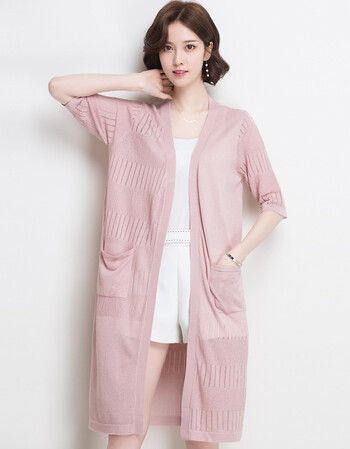 冰丝针织开衫女中长款空调衫外搭披风夏季薄款防晒衣长披肩外套 粉色