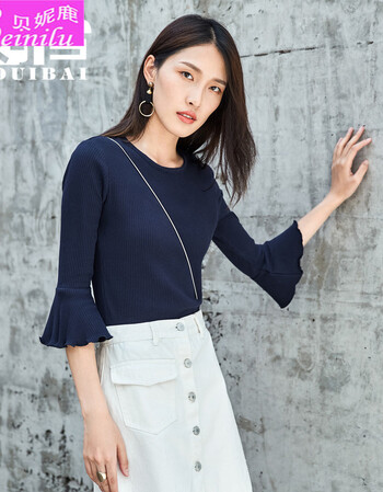 贝妮鹿喇叭袖t恤女秋2018新款弹力修身七分袖上衣 补贴10 藏青色 s