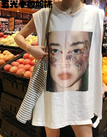 款夏季新款韩系百搭学院风头像印花宽松中长款无袖背心t恤女潮 白色
