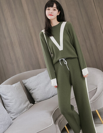 羊绒衫羊绒裤套头圆领毛衣上衣 羊毛针织裤长裤潮 豆绿色 m