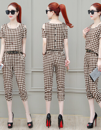 套装女装2018夏季新款韩版夏装气质七分裤显瘦休闲两件套 976短袖格子