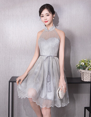 2018新款夏季显瘦聚会小礼服短款女生日派对连衣裙挂脖 灰色小短裙 l