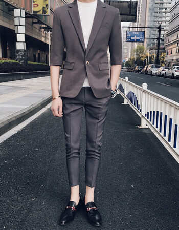 男套装夏季薄款修身韩版英伦风青少年西服潮男发型师男模一套 灰色 s