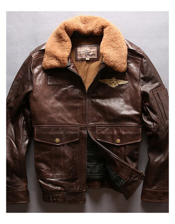 【新品促销】美国二战空军飞行服皮夹克男款羊毛翻领短款修身牛皮真皮