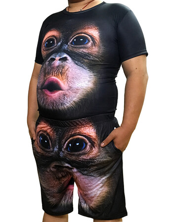 夏季加大码短袖t恤运动套装男3d印花搞笑大猩猩两件同款半袖衣服 黑色
