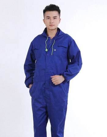 长袖连体工作服男汽修劳保服带帽防尘工厂车间工装搬运工程服 艳蓝色