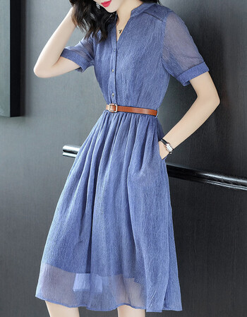2018夏季新款通勤半开领a字裙女纯色职业修身连衣裙子1271030 蓝色