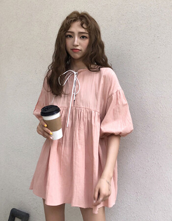 裙子夏女韩版系带圆领灯笼袖娃娃裙连衣裙短裙黑牛奶少女精神 粉色