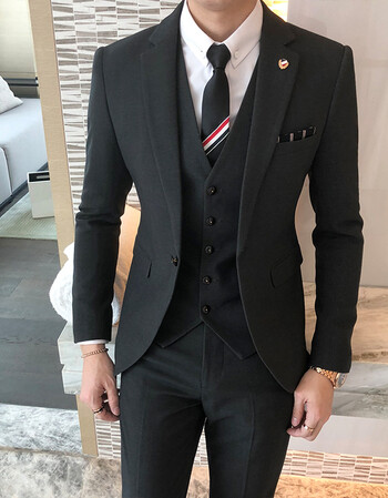 韩版英伦夜店帅气修身休闲结婚礼服商务职业西装套装三件套男士 黑色