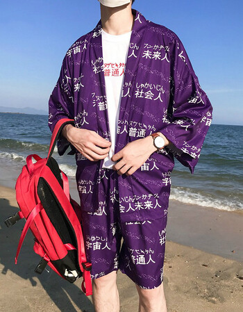 日系浮世绘飞鹤七分袖和服开衫男女情侣宽松薄款衬衫外套道袍套装衣服