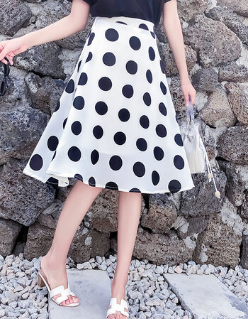 半身裙夏女2018款黑白点中长款a字斑点高腰点点裙子半身裙j 白色黑点