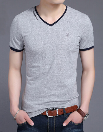 花花公子(playboy) t恤男短袖夏季舒适上衣韩版v领男装 灰色 m