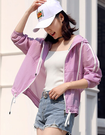 夏季宽松连帽服短款薄外套开衫户外运动遮阳衣女潮 紫粉色 xl