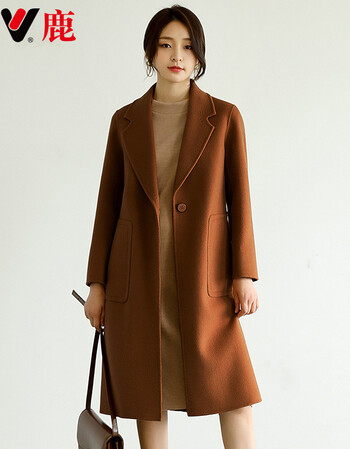 yaloo/雅鹿女装新款羊毛大衣中长款修身毛呢外套 焦糖 s