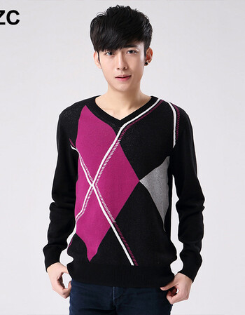 衣之纯2015秋冬新品男装针织衫 v领毛线衣打底几何图长袖款 黑色 m