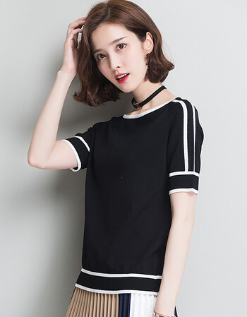 白色t恤女夏装2018新款短袖上衣女宽松韩版短款冰丝针织打底衫潮 黑色