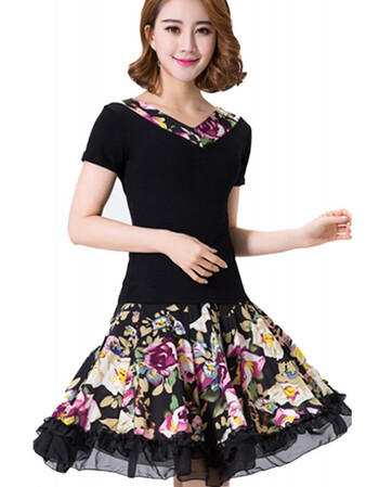 古莱登广场舞服装套装新款夏季短袖拉丁舞妈妈碎花衣裙中老年跳舞裙 l