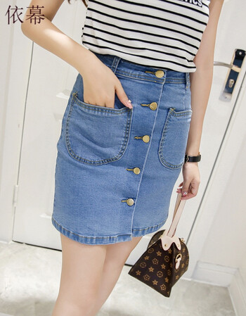 chic半身裙春女2018新款a字裙短裙裙子短裙包臀裙高腰牛仔裙 浅蓝色
