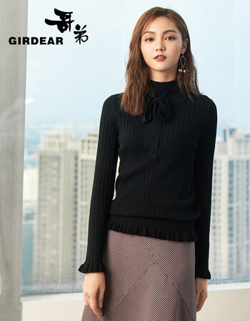 哥弟女装2018秋冬新款针织衫女长袖半高领荷叶袖套头毛衣a300088 黑 l