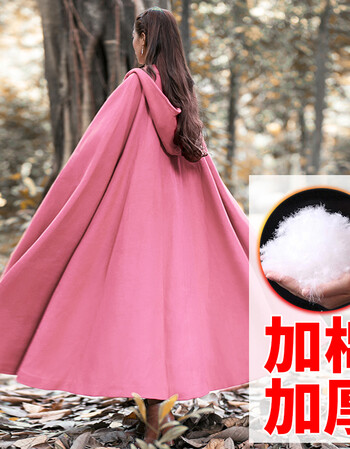 2018冬装加厚披风外套 大摆 长款斗篷毛呢复古大衣女 粉红色【加棉