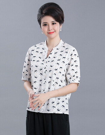 2018夏装新款中老年女装短袖棉麻t恤立领妈妈装亚麻短款宽松上衣 白色