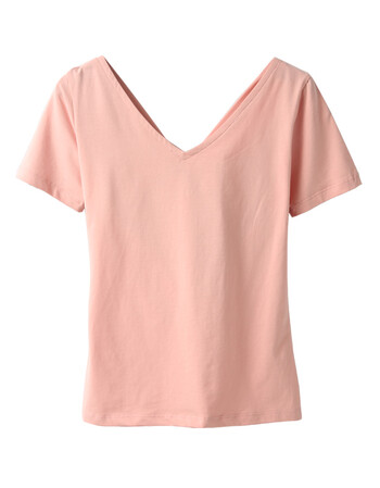 后背小心机绑带交叉v领蝴蝶结漏背上衣女夏短袖宽松镂空t恤tyx 豆粉色