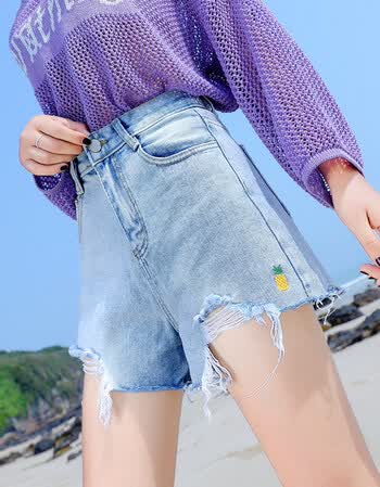 2018夏季牛仔短裤女韩版破洞高腰阔腿宽松热裤a字 浅蓝色 m