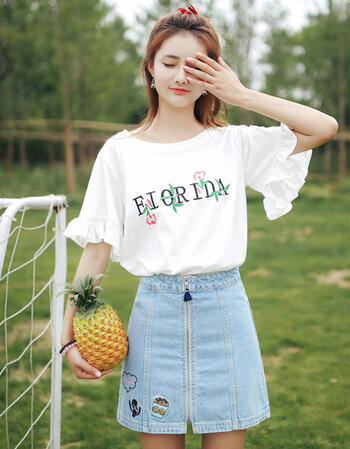 短袖女2018新款夏装喇叭袖上衣学生宽松韩版字母刺绣白