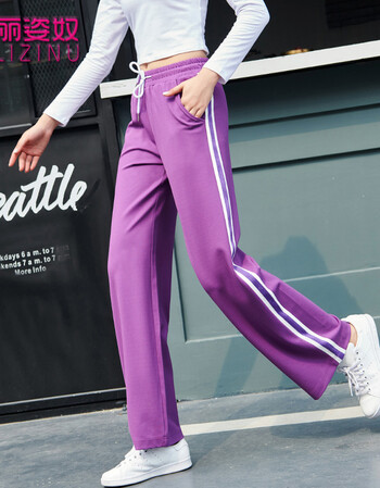 紫色阔腿裤女学生韩版宽松显瘦原宿bf百搭复古温柔风运动直筒长裤