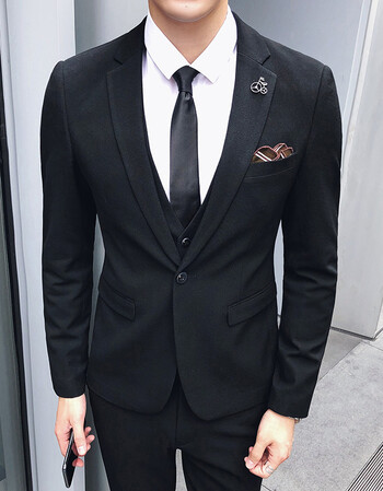 西装套装修身韩版三件套英伦风新郎休闲帅气结婚西服男礼服潮 黑色