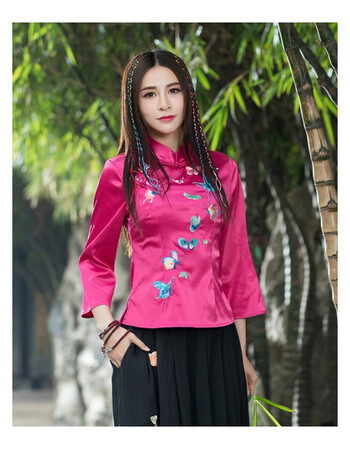 2018秋装新款民族风绸缎立领绣花上衣中国风复古盘扣衬衫春12888 玫