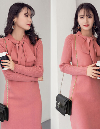 潮牌 2018秋季新款长袖针织裙森女粉色女小清新中长款打底连衣裙冬 深