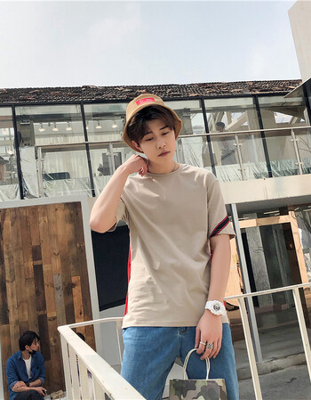 普戈斯帅t潮男青年港风宽松半袖短袖t恤夏季新款男士斜纹侧身绑带潮